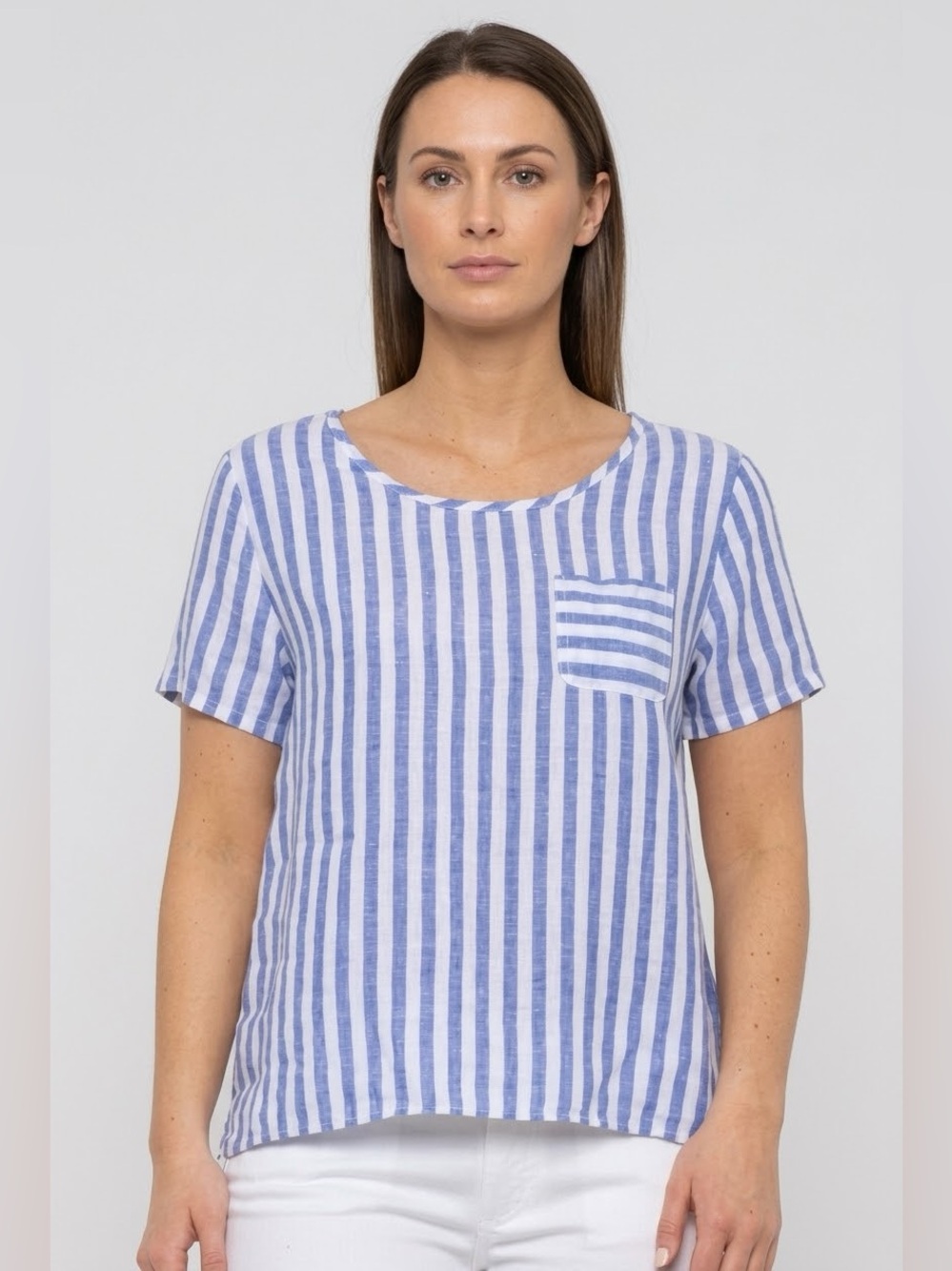 Christian Siriano Women’s M 100% Linen Striped Blue/White Short Sleeves Top